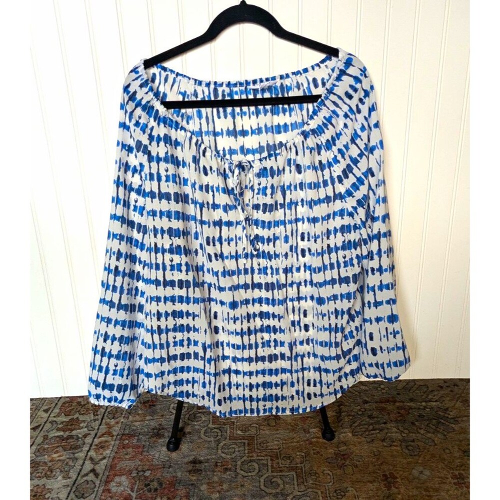 Jack White Blue Abstract Scoop Neck Tie Closure Peasant Long Sleeve Blouse M